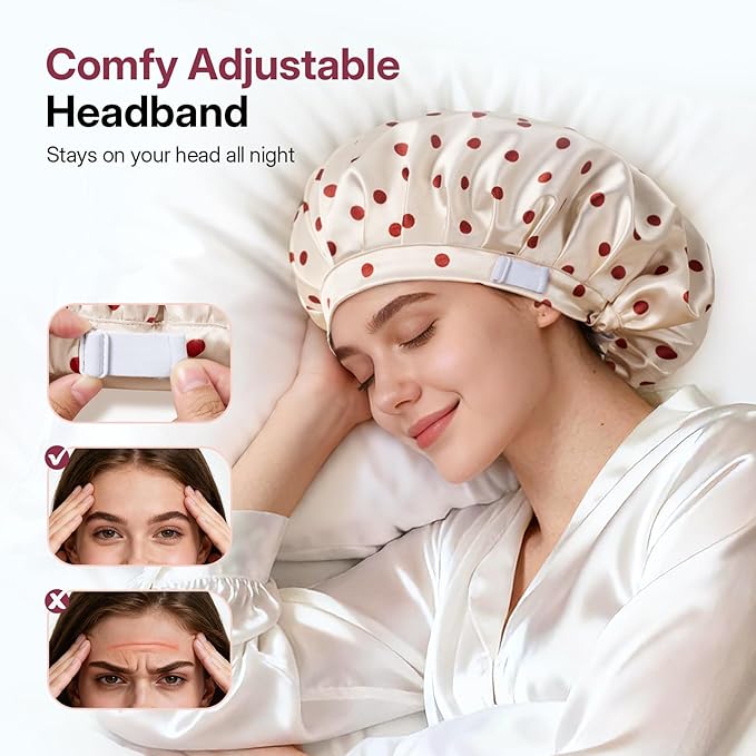 LitBear Silk Bonnet for Sleeping Women, Adjustable Double Layer Satin Silk Hair Bonnet with Scrunchies for Curly Natural Hair