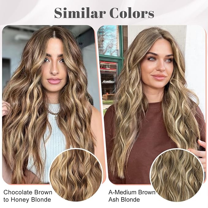 ALXNAN Clip in Long Wavy Hair Extension 24 Inch Chocolate Brown to Honey Blonde Hair Extensions 4PCS Thick Hairpieces Fiber Double Weft Hair for Women