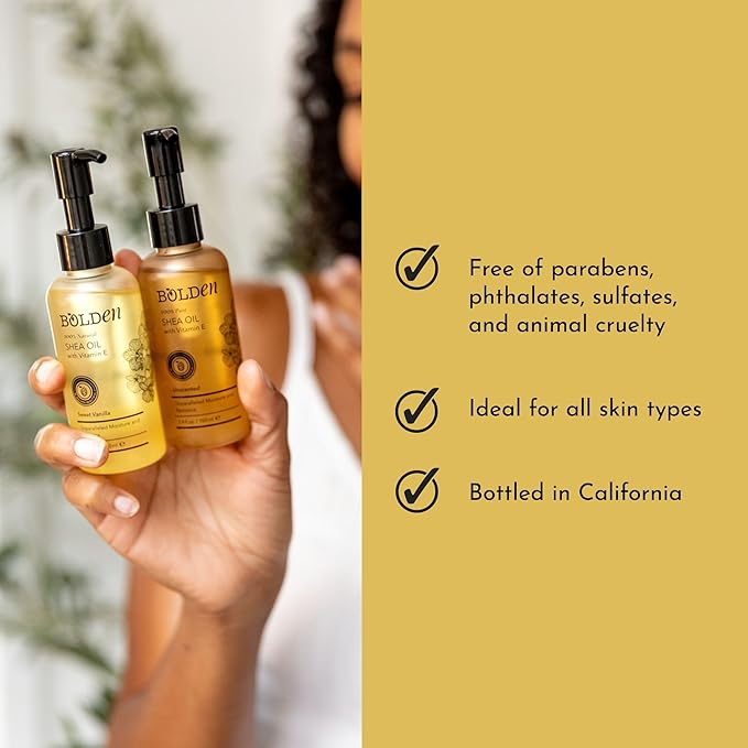 BOLDEN Sweet Vanilla Shea Body Oil with Vitamin E | Stretch Mark Pregnancy Care | 100% Natural Moisture Shea Oil | Lightweight After Shower Body Oil | 3.4 Fl Oz