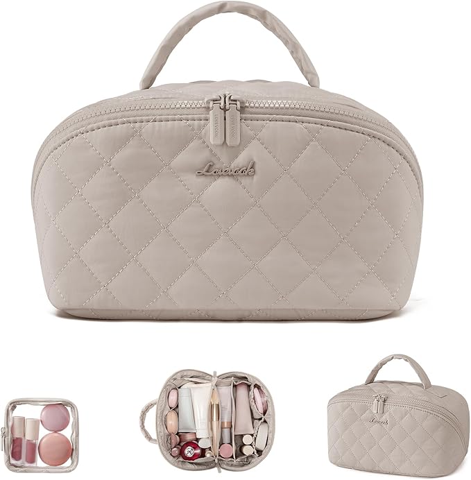 LOVEVOOK Travel Makeup Bag for Women, 2Pcs Puffer Waterproof Cosmetic Organizer, Large Capacity Pouch Open Flat Small Toiletry Bag with Brush Compartment & Handle (Light khaki, Small)