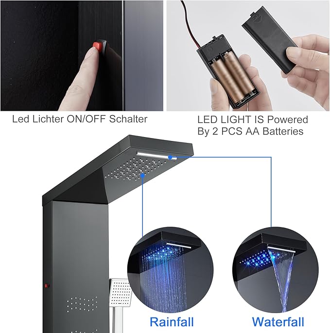 TSIBOMU Stainless Steel Shower Panel Tower System with LED Lights, 5 in 1 Shower Panel with Rainfall Waterfall Shower Head, Body Spray, Handheld Shower, Tub Spout (Black)