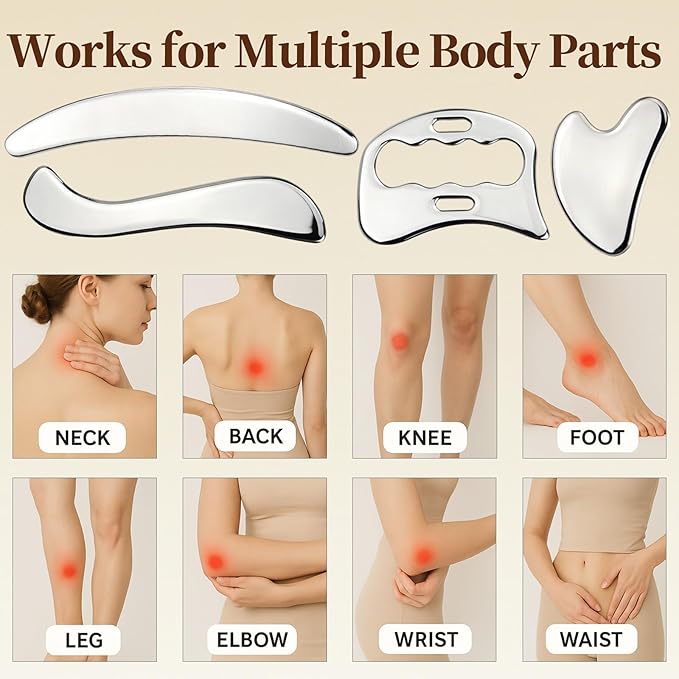 4 in 1 Stainless Steel Massage Scraper Tool Set for Deep Tissue Relief, IASTM Tool and Gua Sha Massage Tools for Muscle Recovery, Physical Therapy Scraping Tool with Facial Gua Sha