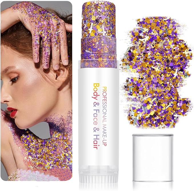 Body Glitter Stick for Face & Body & Hair - Red/Black & Purple/Gold Chunky Sparkle Set, 2 Pack | Versatile Festival Makeup for Party, Rave, Cosplay