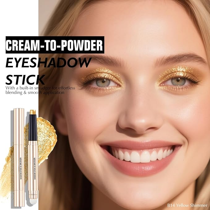 Yellow Shimmer Eyeshadow Stick - Dual-Ended Long-Lasting Cream Eye Shadow for Older Women Crease-Proof Metallic Eyeshadow Pencil, Multi-Use Eye Crayon Highlighter Makeup with Built-in Smudger
