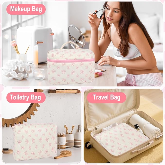 URSKYTOUS 3Pcs Makeup Bag Quilted Cotton Cosmetic Bags for Women Large Small Pink Bow Makeup Pouch Set Cute Coquette Floral Travel Bags Portable Skincare Toiletry Bag Vintage Puffy Essential Organizer