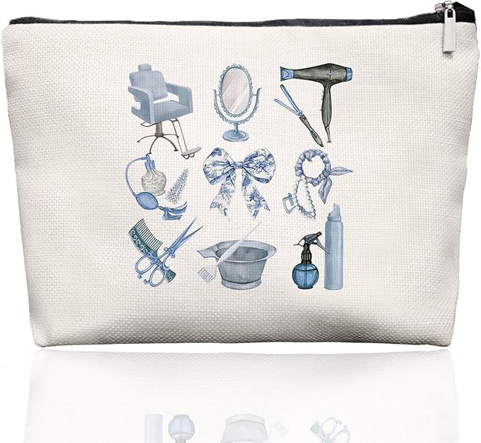 EKGJW Blue Chinoiserie Bow Hairstylist Makeup Bag, Cosmetology Student Gift for Women, Cute Hairdresser Travel Pouch, Aesthetic Blue Toile Salon Organizer for Teen Girls, 7.5 x 10 in