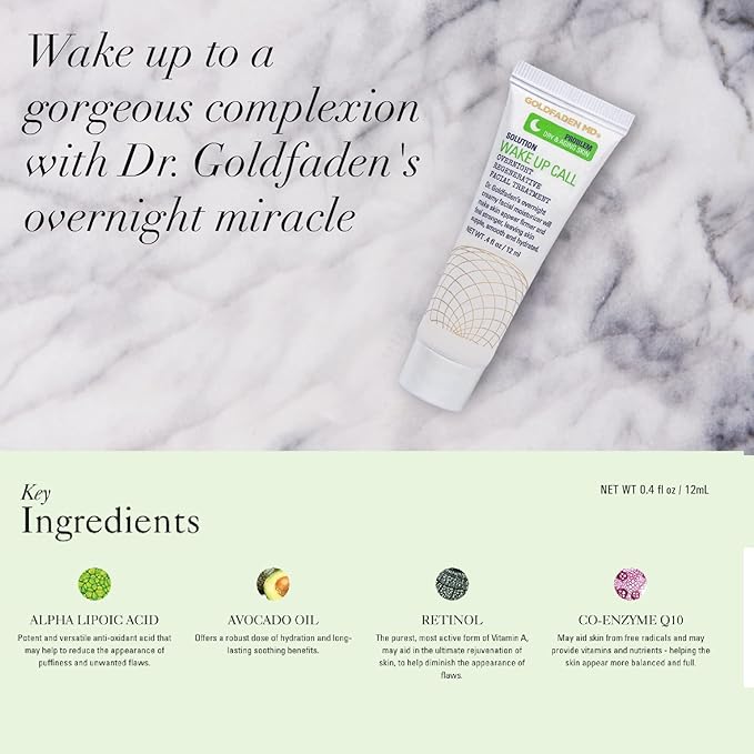 Dr. Goldfadens Wake Up Call Night Facial Moisturizer Night Cream for Dry & Aging Skin w/Alpha Lipoic Acid, Avocado Oil Retinol, Co-enzyme Q10 TRIAL .41 Fl Oz