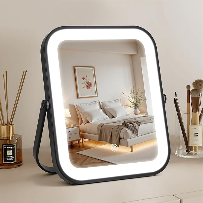 Vanity Mirror with Lights, 10"×8" Makeup Mirror with lights Built-in 1500mAH Battery, HD Mirror, Smart Touch with 3-Color Lighting, Dimmable, Desk Mirror, Women Gift, Travel Essentials (Black)