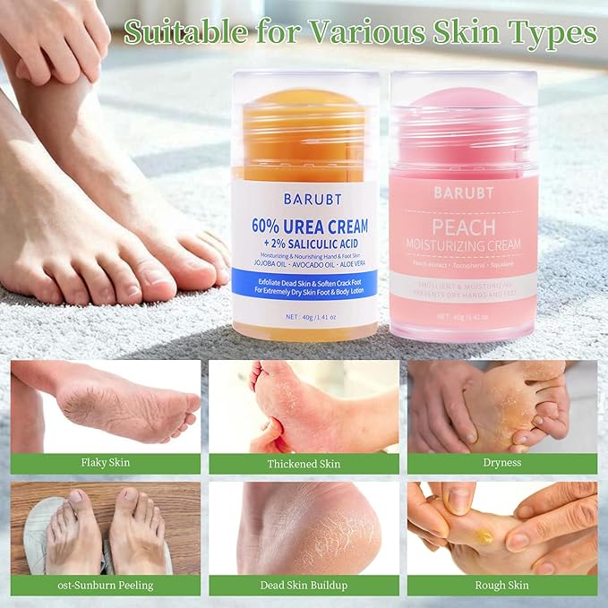 2PCS 60% Urea Foot Cream Stick 2% Salicylic Acid Foot Cream, Urea Foot Care Stick with Moisturizing Heel Socks, Intensive Foot Repair Balm for Exfoliates Dead Skin, Repairs Hydrates Dry, Cracked Feet
