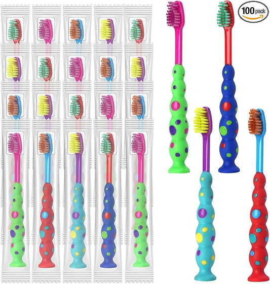 Newday 100 Pack Kids Toothbrush Bulk Soft Bristles Toddler Cute Toothbrush with Suction Cup, Includes Travel Covers, Individually Wrapped Toothbrushes for Kid Home School Daycare Camp (Candy)