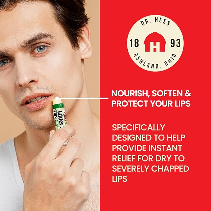 Dr. Hess Original Udder Stick SPF Lip Balm, Soothing Moisturizer Sun Screen Balm for Dry Lips with Jojoba, Beeswax & Shea Butter, Total Lip Care, Hydration & Repair, Mint Flavor, 4 Pack