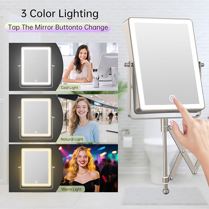 FASCINATE 5000mAh Rechargeable Wall Mounted Makeup Mirror with Lights, 8.7 Inch Double Sided Touch Switch 1X 30X Magnifying Bathroom Mirror, 3 Color Lights, Extended Arm 360°Rotation (Nickel)
