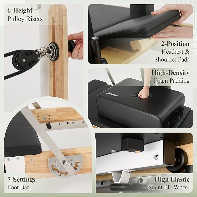 PAETA Pilates Reformer, Wooden Reformer Pilates Machine with Tower & Mat, Pilates Equipment for Home Workout and Studio, Includes Sitting Box, Jumpboard