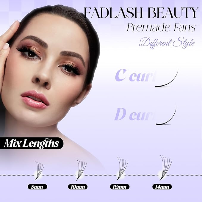 Premade Fan Lashes 0.07C Curl Lash Extension 6D Pre Made Individual Lashes Middle Stem Heat Bonded 8-14mm Premade Volume Eyelash Extension (0.07C-8-14mm)