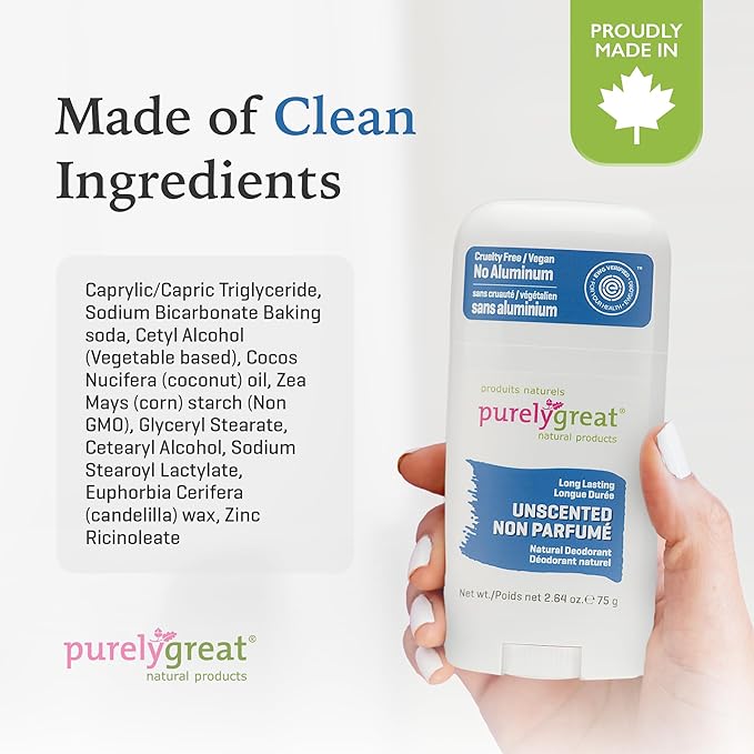 Purelygreat - Unscented Natural Deodorant Stick, Travel-Friendly Hygiene Essentials for Women, Natural Deodorant for Men Without Aluminum & Parabens, 2.64 oz / 75 g