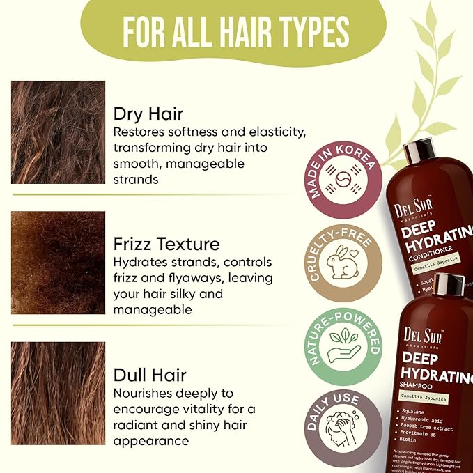 DEL SUR Hydrating Shampoo and Conditioner Set | 16 fl oz Each | with Camellia Japonica, Squalane, Hyaluronic Acid, Baobab Extract & Biotin | Deep Moisture for Dry, Damaged Hair