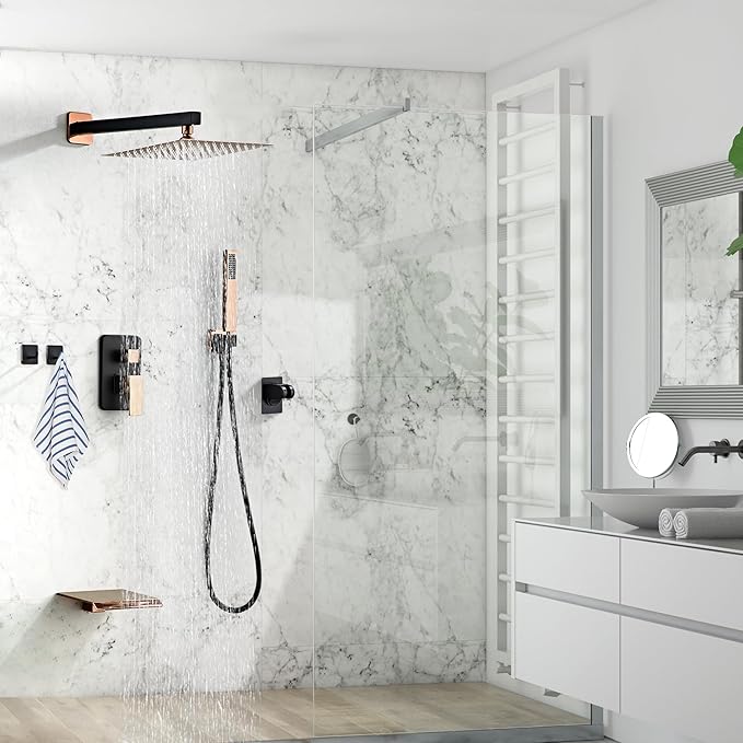 LCEVCGK Shower Faucet Set with Tub Spout, Matte Black and Rose Gold Rainfall Shower System Complete Wall Mounted for Bathroom with 10 Inch Square Shower Head and Handheld Shower Head Rain Mixer Combo