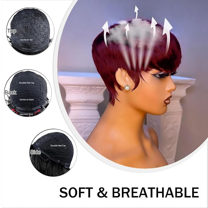 Short Bob Wig for Black Women Brazilian Virgin Human Hair Pixie Cut Wig Burgundy Red Colored Short Style full machine Made Wig with Bangs 150% Density None Lace front Wig 99J#
