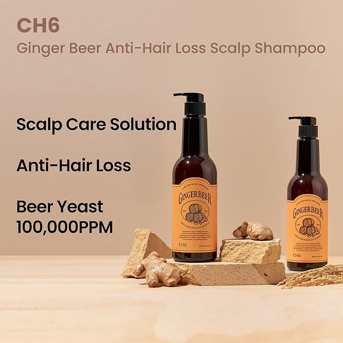 CH6 Ginger Beer Hair & Scalp Care Shampoo - for hair loss | Recover Damaged Scalp, Rich with German Beer Yeast for Hair Regrowth and Thickening, Thinning hair, Sulfate free, 16.9 fl oz