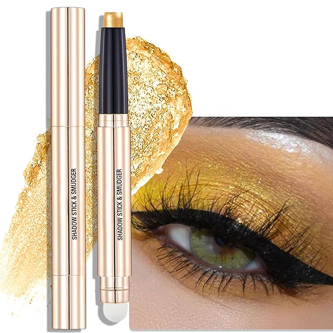 Yellow Shimmer Eyeshadow Stick - Dual-Ended Long-Lasting Cream Eye Shadow for Older Women Crease-Proof Metallic Eyeshadow Pencil, Multi-Use Eye Crayon Highlighter Makeup with Built-in Smudger