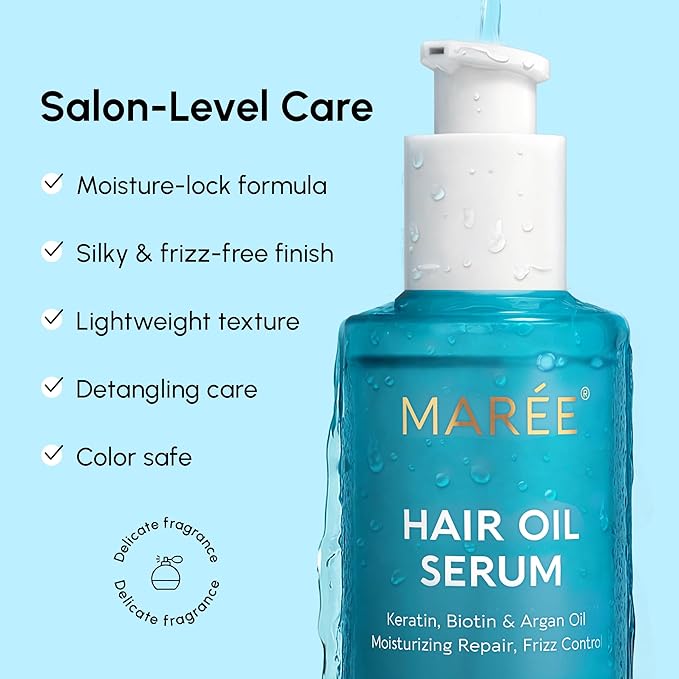MAREE Hair Oil for Frizzy and Damaged Hair with Vitamins A, E, B5, 2 PACK - Anti Frizz Control Sérum for Curly Women & Men - Aceite de Argán Para el Cabello - Biotin Keratin Antifrizz Products