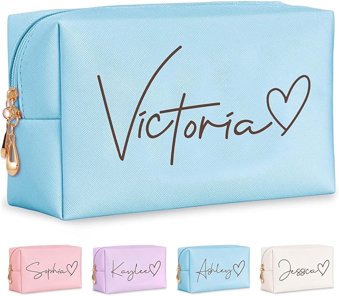 Fincekoom Valentines Day Gifts for Her Teen Girls, Personalized Makeup Bag with Name & Birth Flower, Custom Leather Cosmetic Bags for Women, Customized Travel Toiletry Bag Gifts for Bridesmaid Wedding
