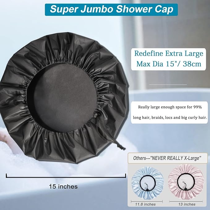 3 Pcs Super Jumbo Adjustable Satin Lined Shower Caps for Long Hair & Braids, Extra Large Shower Cap for Women & Men, Reusable XL with Waterproof Edge for Dreadlocks, Locs (Black)