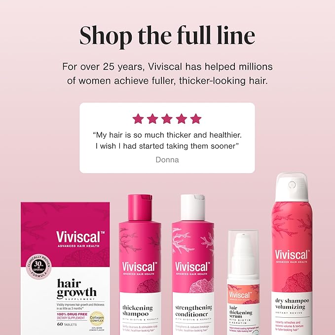 Viviscal Hair Growth Supplements for Women, Thicker Fuller Hair Support for Thinning Hair and Hair Loss, with Biotin and Marine Collagen, Drug-Free, 180 Tablets, 90-Day Supply