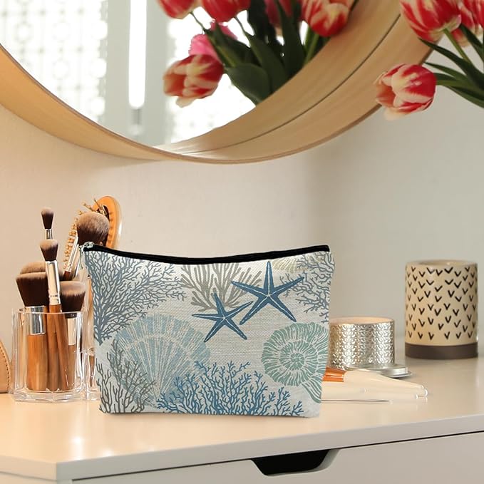 RYYCDOI Ocean Starfish Coral Seashell Beach Makeup Bag, Marine Life Sea Animals Cosmetic Bags for Women, Beach Vacation Gifts, Ocean Themed Gifts