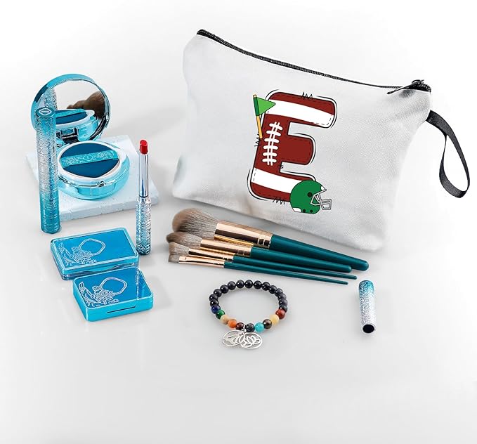 ARIOSEY Football Initial Birthday Graduation Gifts Cosmetic Travel Toiletry Bags Football Accessories Party Favors for Women Girls Daughter Niece Team Coach Friends -E
