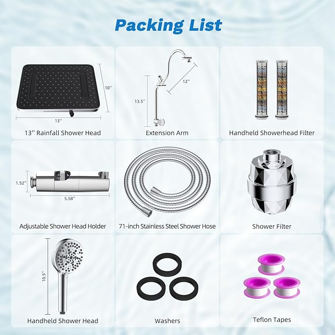 Hibbent 5-spray Dual Filtered Rainfall Shower Head Combo, High Pressure 13'' Showerhead with 10 Spray Mode Handheld, Easy Reach 4-way Diverter Shower Arm with Pause Mode, 71'' Hose and Holder, Chrome