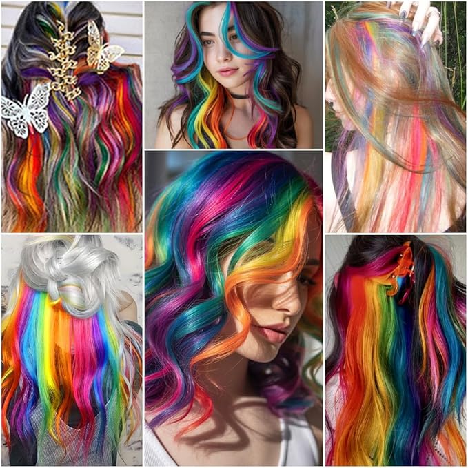 25 PCS Colored Hair Extensions, Colorful Party Highlights Multicolors Clip in Hair Extensions, Rainbow Synthetic Hairpieces for Girls Women Kids Cosplay Party Gift(22 In)