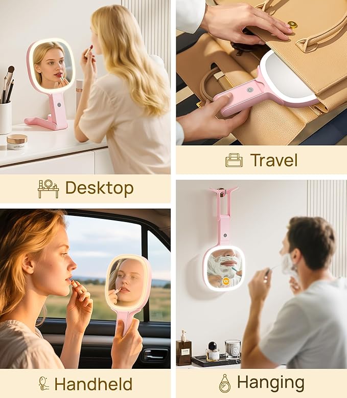 Gospire 6.8" Travel Vanity Mirror, 3-in-1 Hanging/Handheld/Desktop Use with Dual-Side Buttons, 1X/10X Magnification, 3-Color Dimmable LED, Auto Memory + Velvet Pouch (Pink)