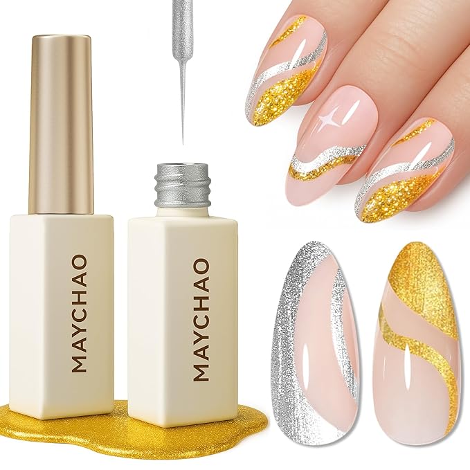MAYCHAO 2pcs Glitter Silver & Gold Swirl Gel Liner Nail Art Polish, Classic Gel Color Built-in Thin Brush, UV Light Cure for French Nail Tips DIY Manicure at Home Salon