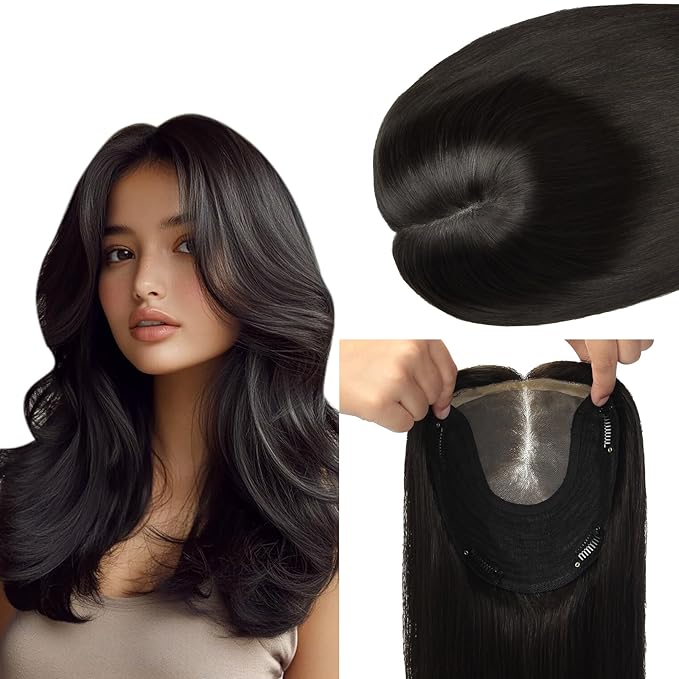 HAIR 12 Inch Toppers for Women Real Human Hair Natural Black color 150 Density 6x7inch Silk Base 55 grams All Remy Human Hair Wiglets Hairpieces for Thinning Hair (#1B 12inch)