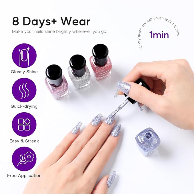 Morovan Glitter Nail Polish Set: Quick Dry Nail Polish Kit Sparkle Gold Silver Black Sparkly Fingernail Bulk Flash Diamond Regular Manicure Gifts for Women