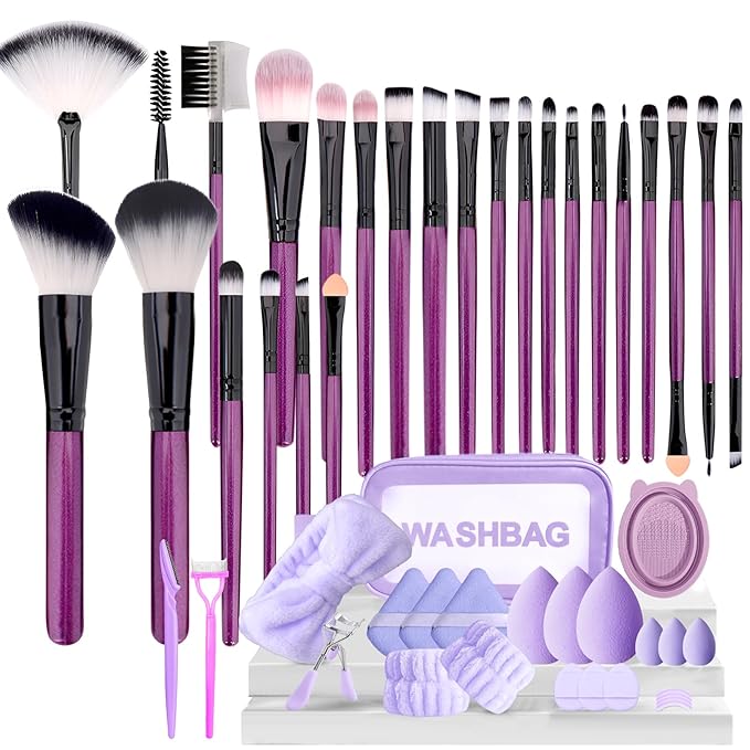 GZIXBDA Makeup Brush Set, 49Pcs Makeup Tool Set Premium Synthetic Foundation Concealers Powder Eye Shadows Makeup Brushes Kit for for Beginner Professional, Purple
