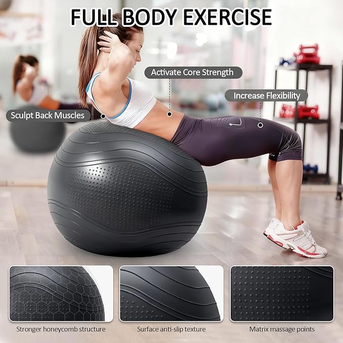 Gruper Yoga Ball, Multiple Sizes Non Slip Exercise Ball for Workout, Birthing, Balance, Stability, Pregnancy, 2200LB Capacity, Anti Burst Chair for Home and Office, Includes Quick Pump & Fitness Guide