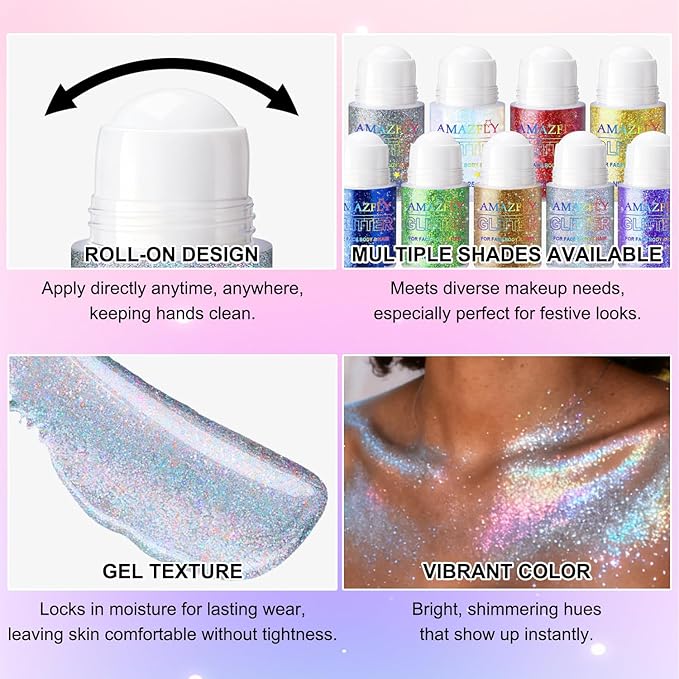 Roll-on Holographic Glitter Gel for Face & Hair,Sparkling Pink Shimmer Makeup,Color Changing Body Glitter for Festivals,Parties & Halloween,Chunky Mermaid Sequins Body Shimmer for Women(Laser Silver)