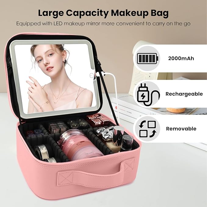 SUILU Travel Makeup Bag with LED Mirror Makeup Case with Light Up Mirror Portable Cosmetic Brush Organizer Bag with Adjustable Dividers for Cosmetics Makeup Brushes Toiletry (Pink)