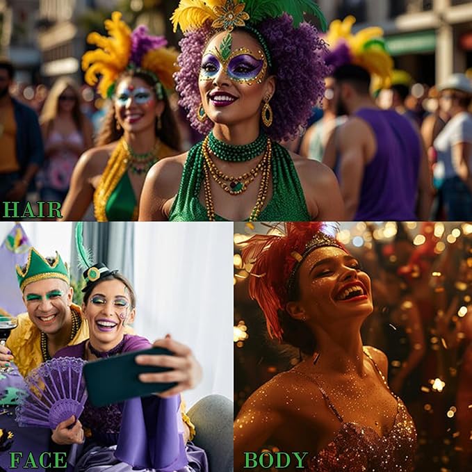Mardi Gras Gold Hair Face Glitter,Mardi Gras Outfit for Women,Green Purple Gold Mixed Holographic Self-Adhesive Body Glitter,Festival Chunky Sequins Carnival Costume New Orleans Decorations
