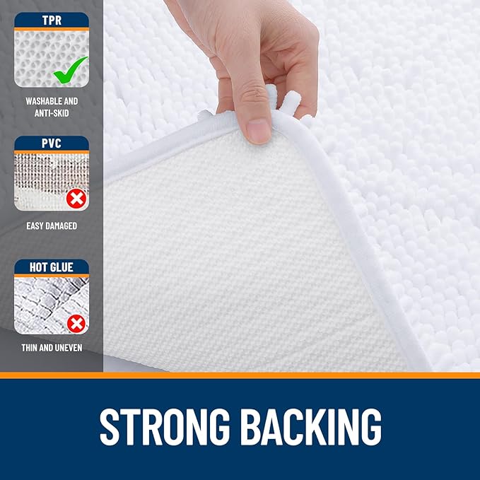 OLANLY Bathroom Rugs 59x35, Extra Soft Absorbent Chenille Bath Rugs, Rubber Backing Quick Dry, Machine Washable Bath Mats for Bathroom Floor, Tub and Shower, Home Decor Accessories, White