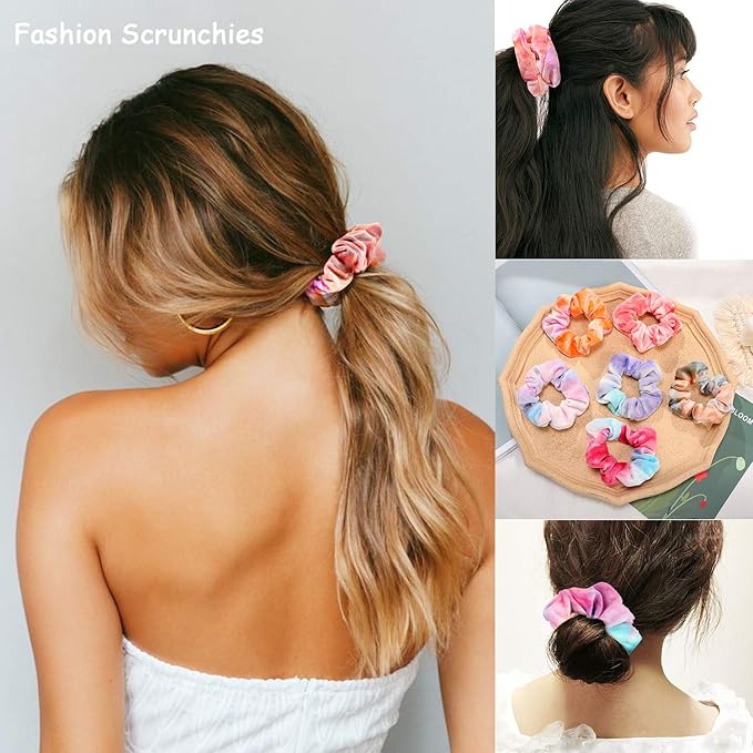 ZOCONE Tie Dye Scrunchies, 15 PCS Velvet Scrunchies for Hair in Gradient Color, Soft Rainbow Scrunchy Ponytail Holder, Hair Accessories Elastic Hair Bands for Women Girls, Tie Dye Party Favors