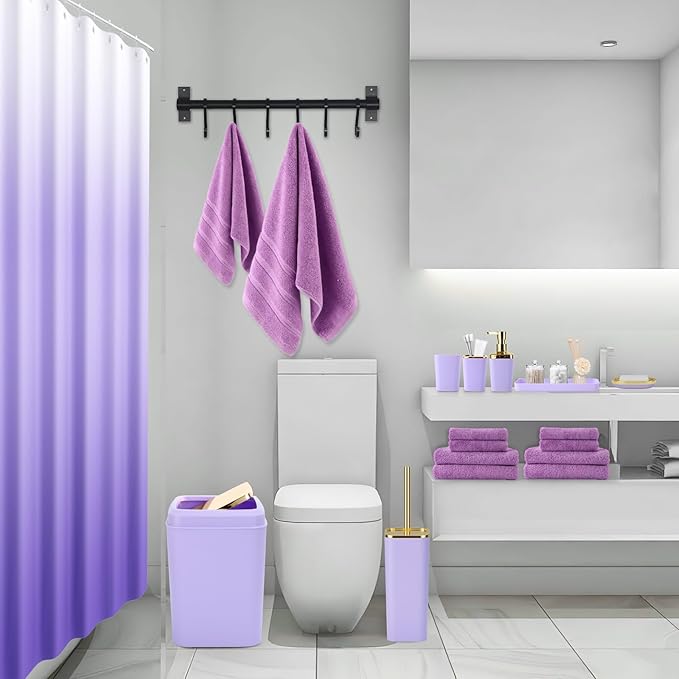 XLHOMO Purple Bathroom Accessories, 24 Pieces Purple and Gold Bathroom Accessories Set with Shower Curtain, Bath Towels, Trash Can, Soap Dispenser and Soap Dish for Bathroom/Housewarming