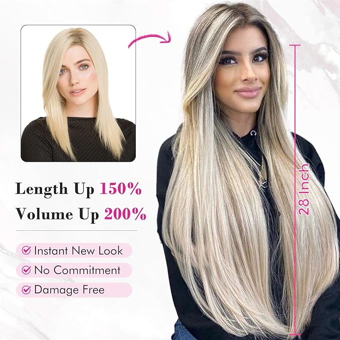 REECHO 28" Straight Super Long 4 PCS Set Thick Clip in on Hair Extensions Black Brown