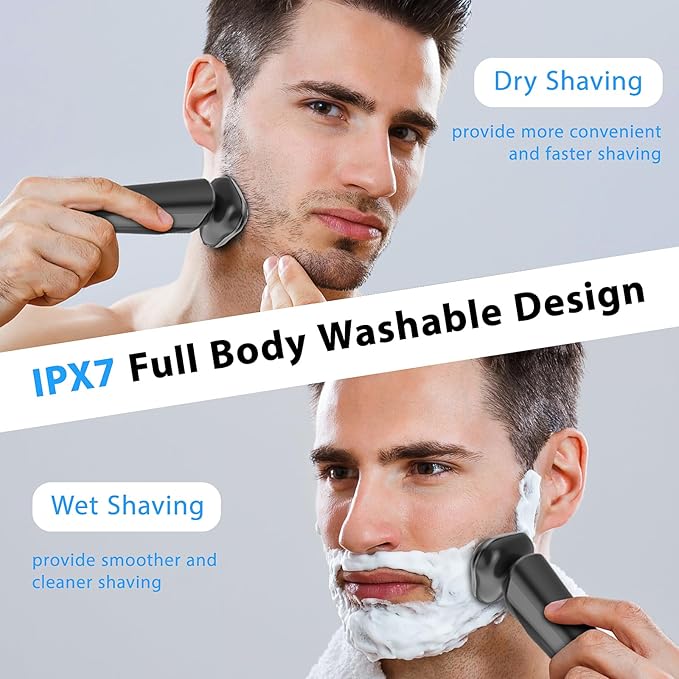 Mens Electric Shaver Waterproof: Rechargeable Cordless Shavers - Type-C 1H Fast Charging - IPX7 Waterproof Wet/Dry Rotary Electric Razor, with Travel Lock, Ideal Gift for Men