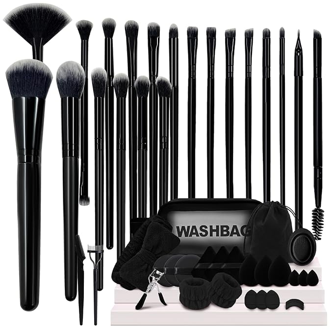 GZIXBDA Makeup Brush Set, 48Pcs Makeup Tool Set Premium Synthetic Foundation Concealers Powder Eye Shadows Makeup Brushes Kit for for Beginner Professional, Black