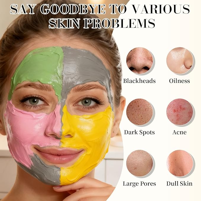 Pjordo 4 Pcs Clay Mask for Face(360g in total), Turmeric Vitamin C, Dead Sea Mud,Green Tea, Avocado, Rose, Facial Clay Mask Set, Face Mask Skin Care, Valentine's Day Gifts Set for Her, 3.17 Oz Each