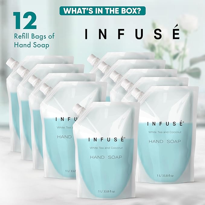 INFUSÉ 1 Liter Hand Wash Refill Bag For Soap Dispensers | Bulk Toiletries for Vacation Rentals, and Home Bathroom Showers | White Tea and Coconut | Set of 12