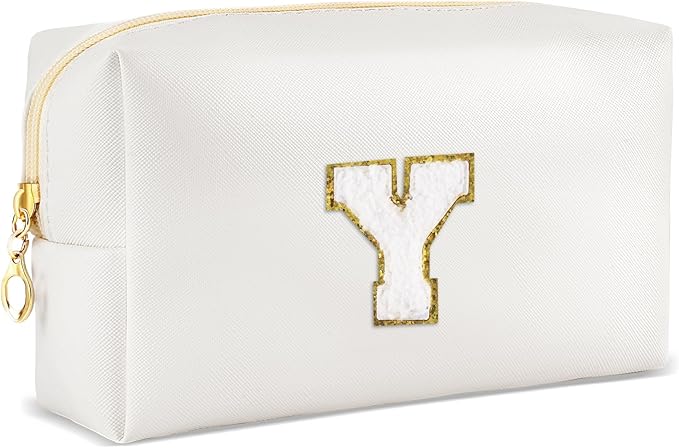 URSKYTOUS Gifts for Girls Initial Makeup Bag Personalized Cosmetic Bag with Zipper Cute Travel Toiletry Bags Waterproof PU Preppy Makeup Pouch Birthday Gift for Teen Girls Women(White Y)